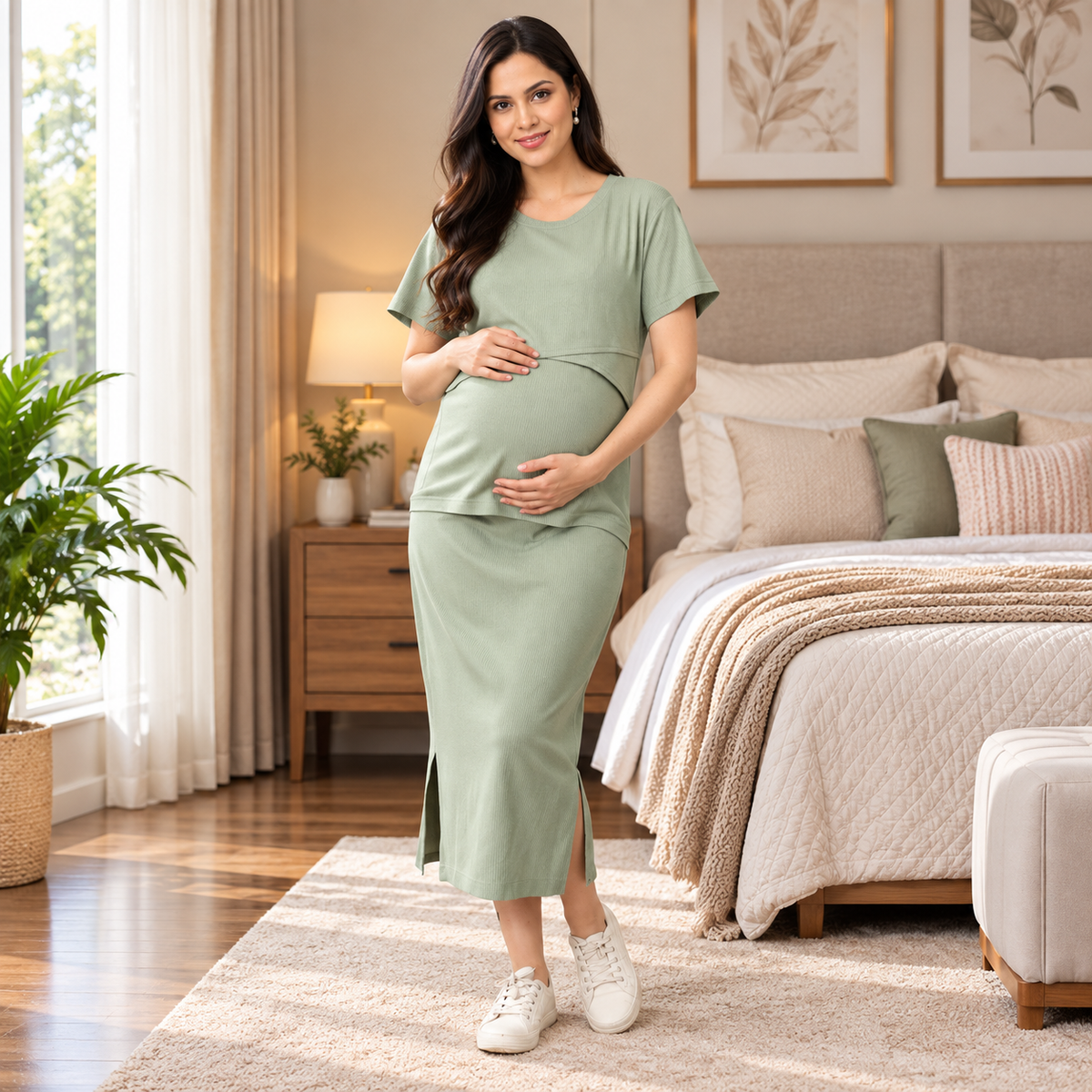 Olive the Trend Ribbed Maternity and Nursing Skirt Set Olive