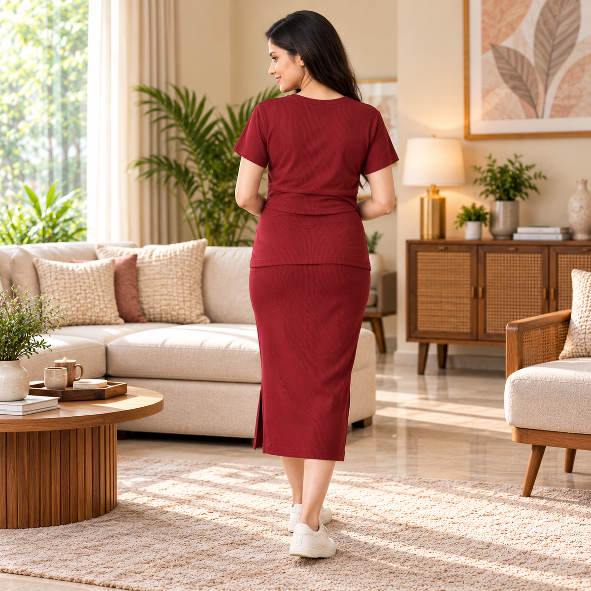 Wine & Unwind Ribbed Maternity and Nursing Co Ord Skirt Set Maroon