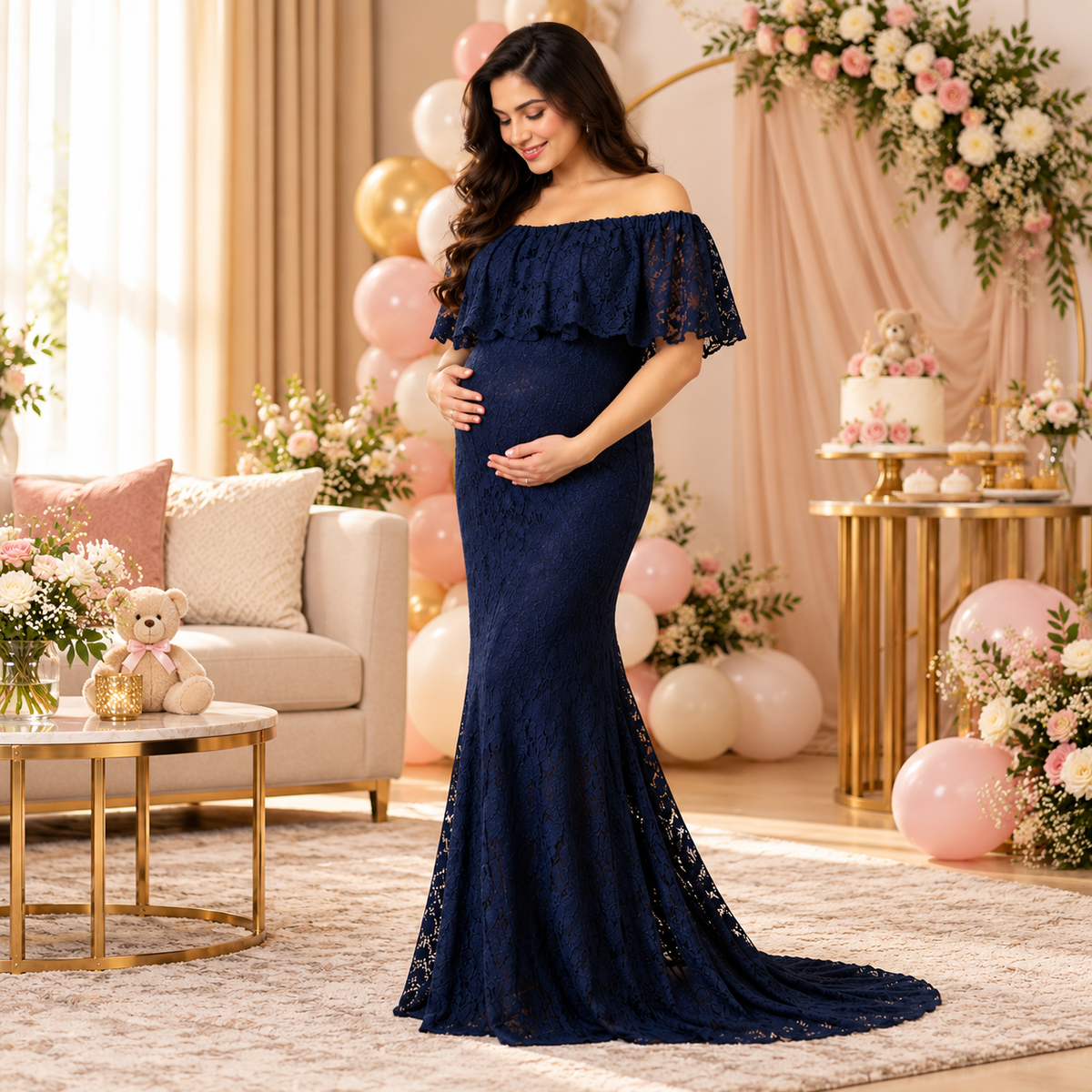 Enchanté Blue Maternity Lace Gown Navy