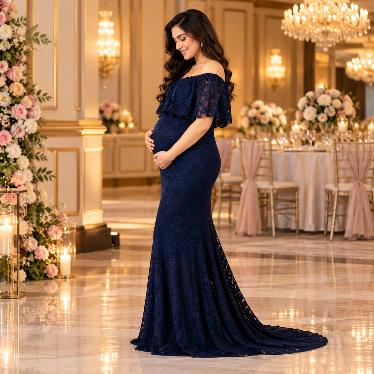 Enchanté Blue Maternity Lace Gown Navy