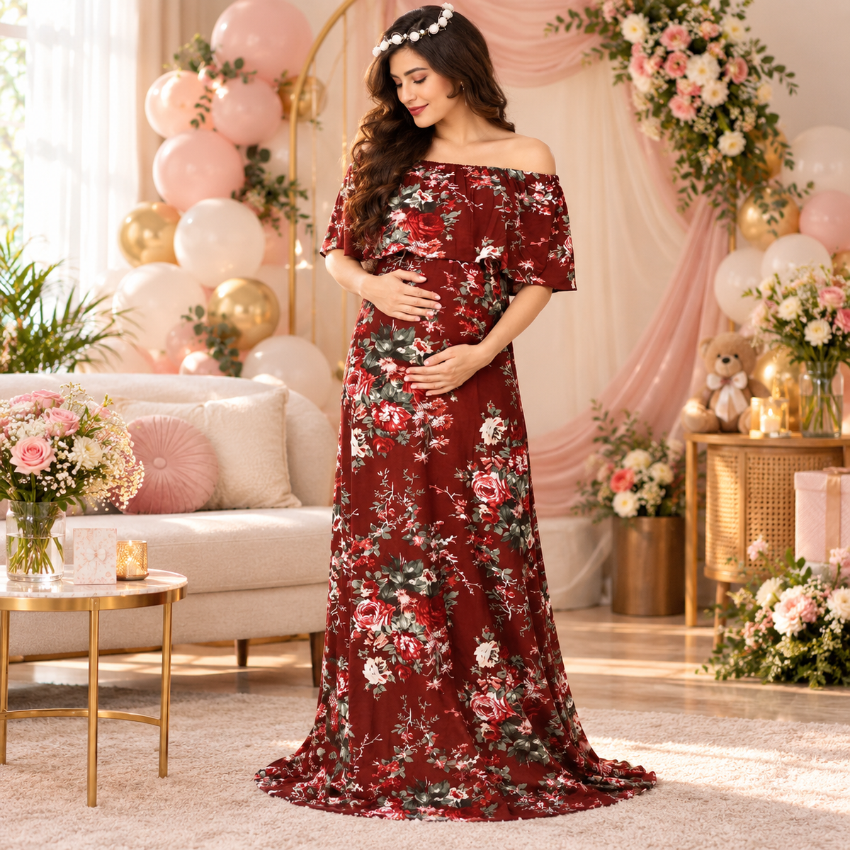 Plum And Done Floral Maternity Photoshoot Gown Maroon
