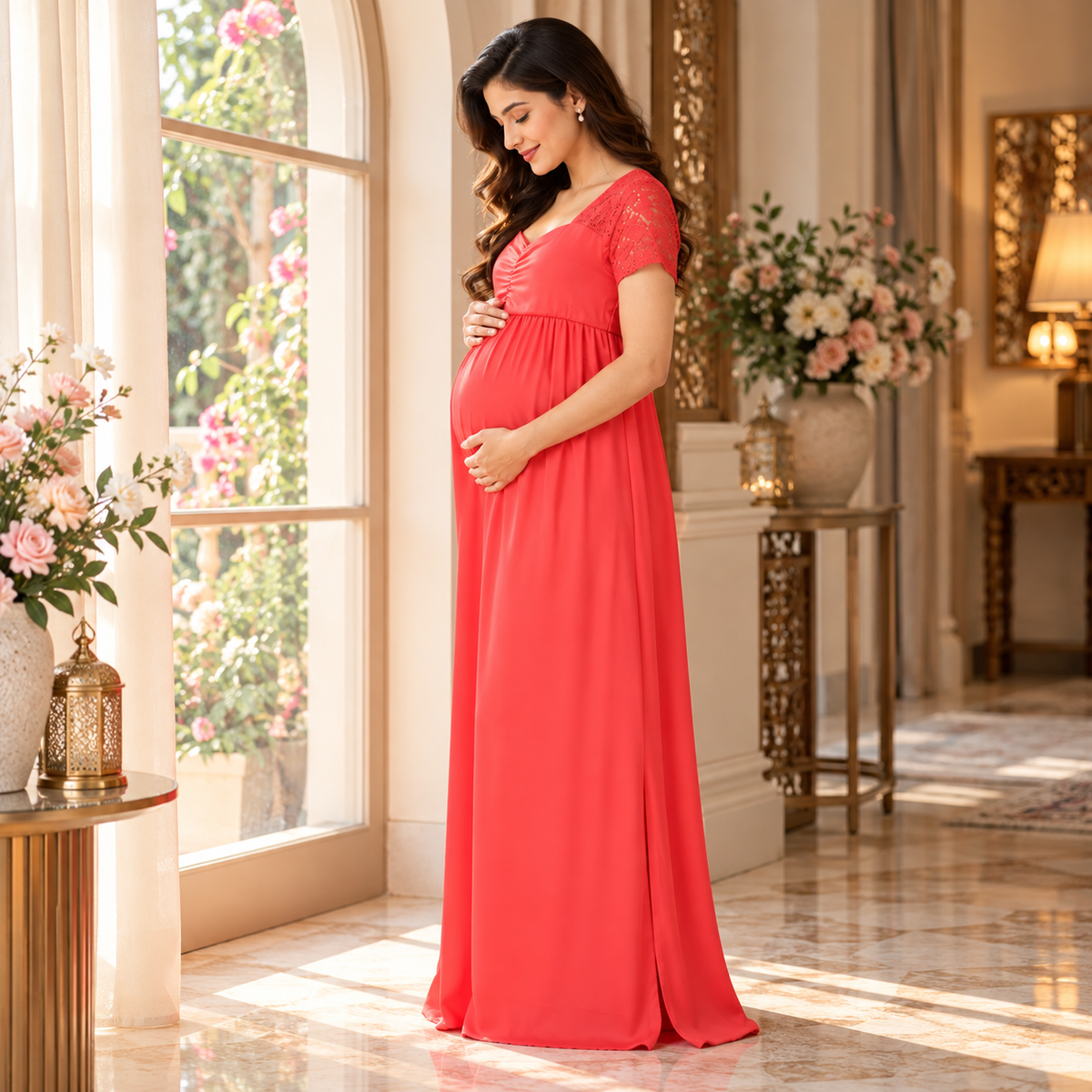 Scarlet Red Lace Maternity Photoshoot Gown Red