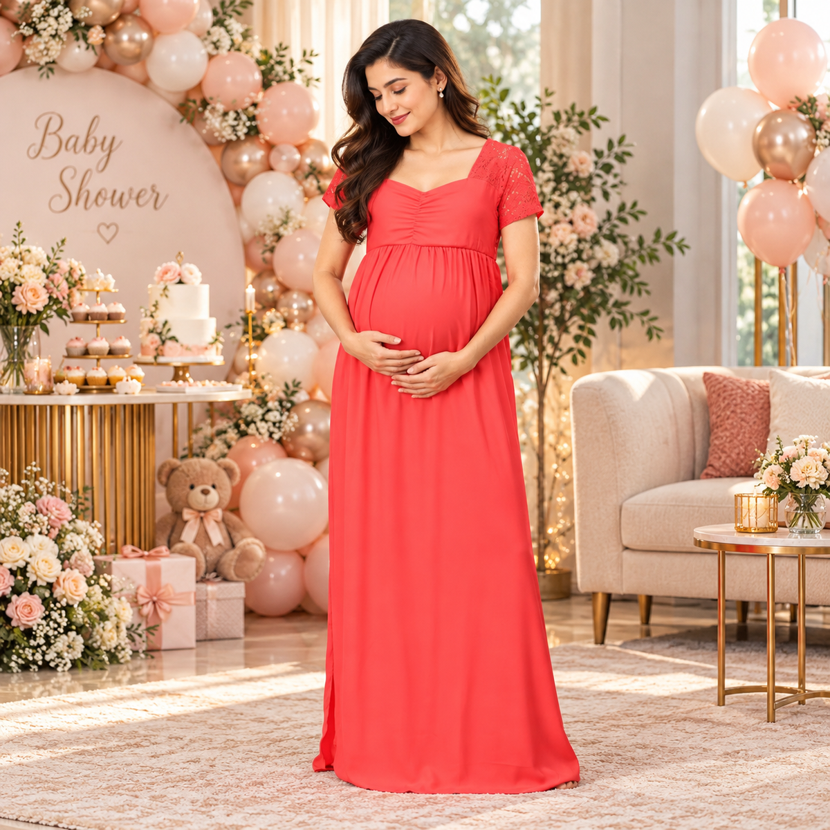 Scarlet Red Lace Maternity Photoshoot Gown Red