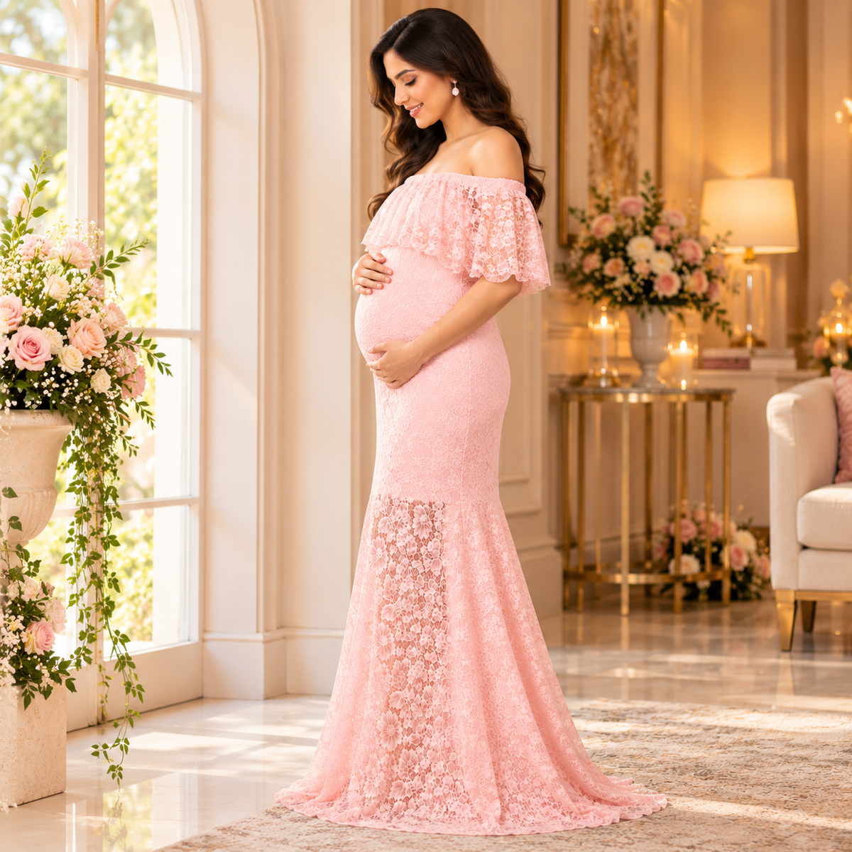 Petal Peach Maternity Lace Gown Peach