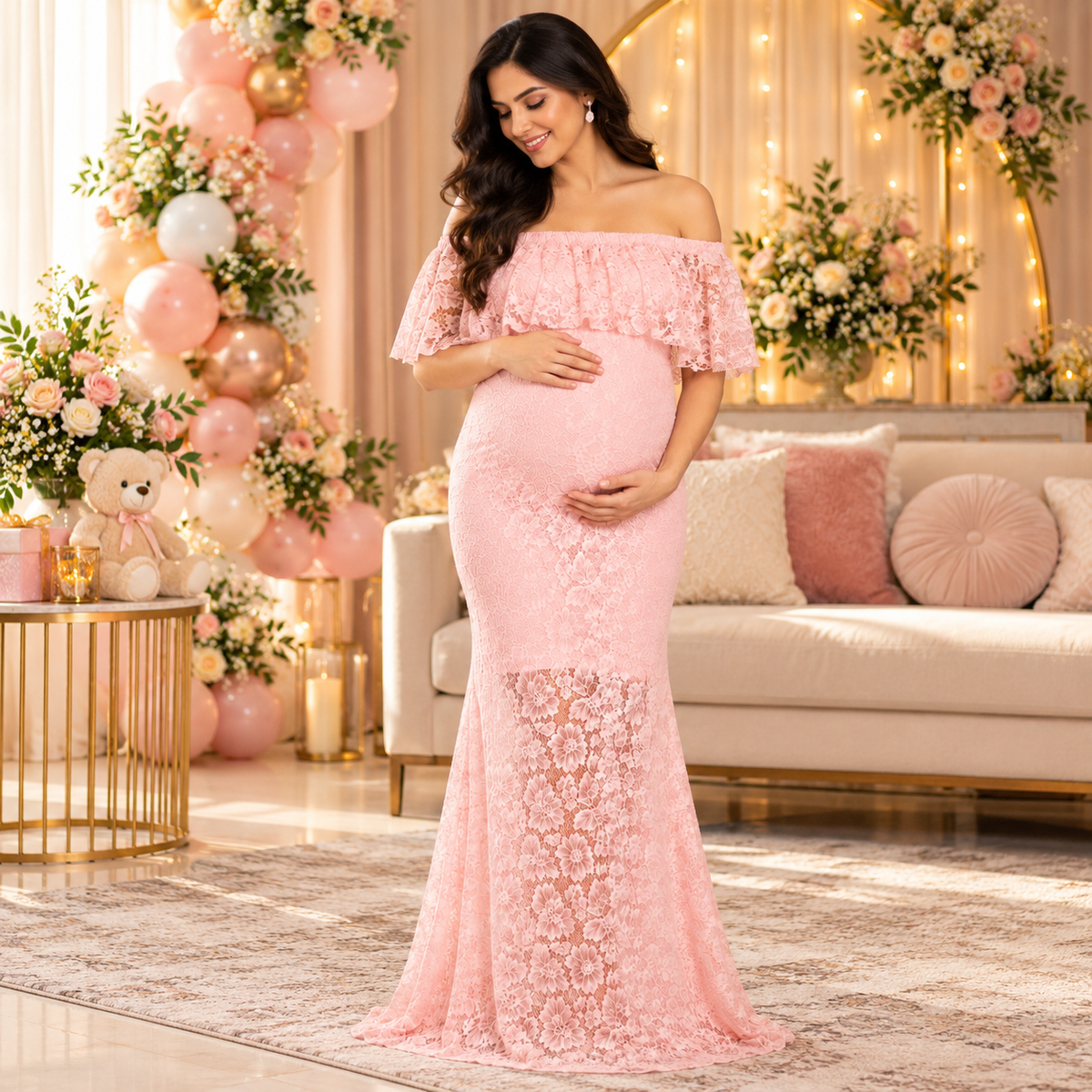 Petal Peach Maternity Lace Gown Peach