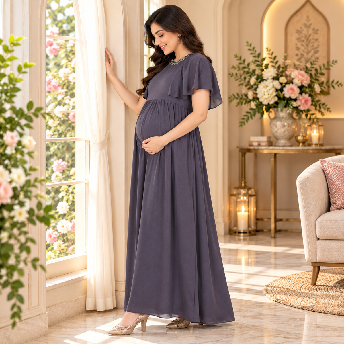 Charcoal Grey Sequins Maternity Gown Grey