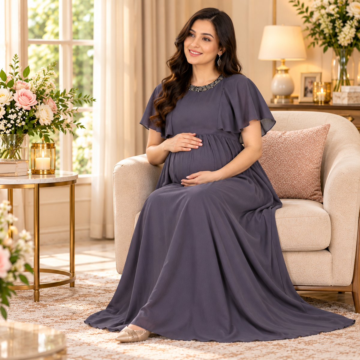 Charcoal Grey Sequins Maternity Gown Grey