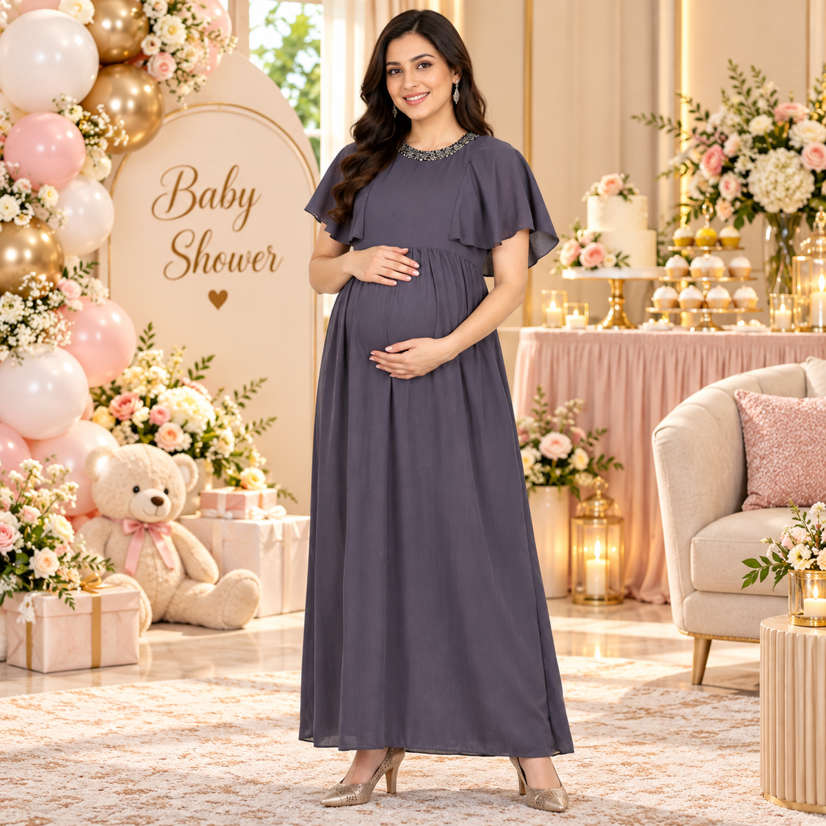 Charcoal Grey Sequins Maternity Gown Grey