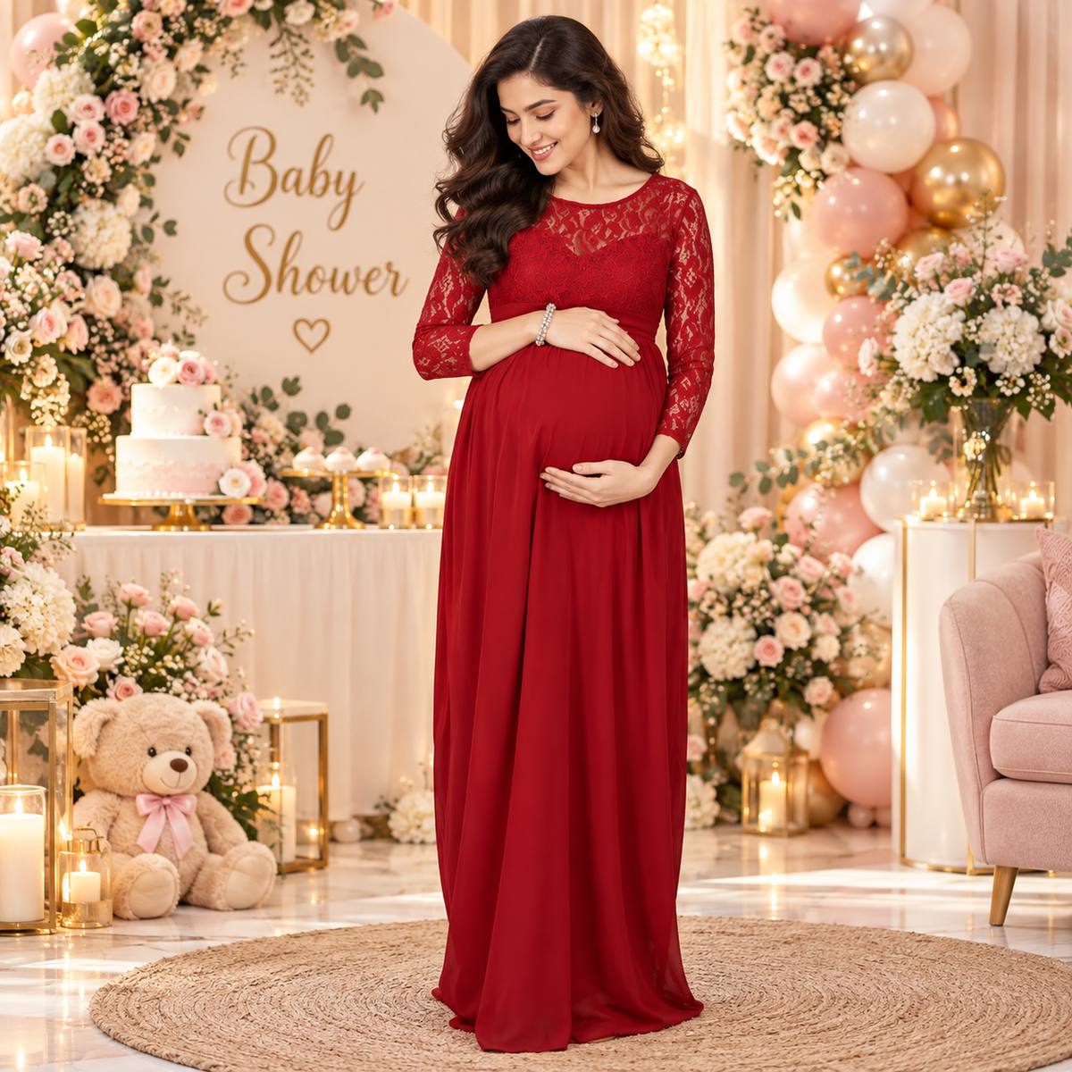 Mulberry Lace Sleeve Maternity and Nursing Gown Maroon