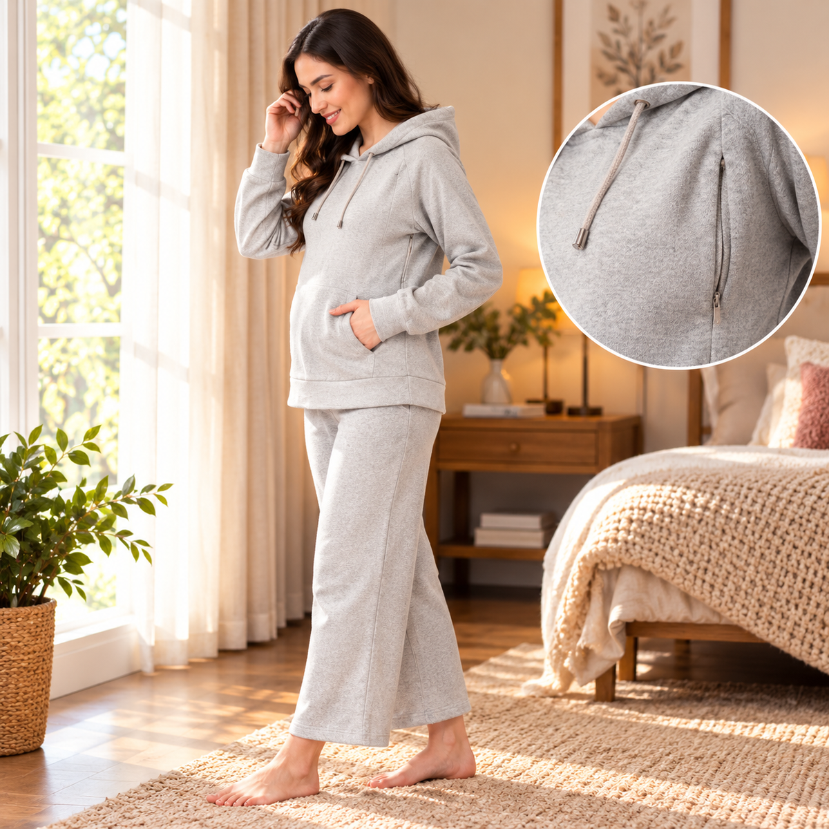 WFH Grey Maternity and Nursing Hoodie Pajama Set Grey