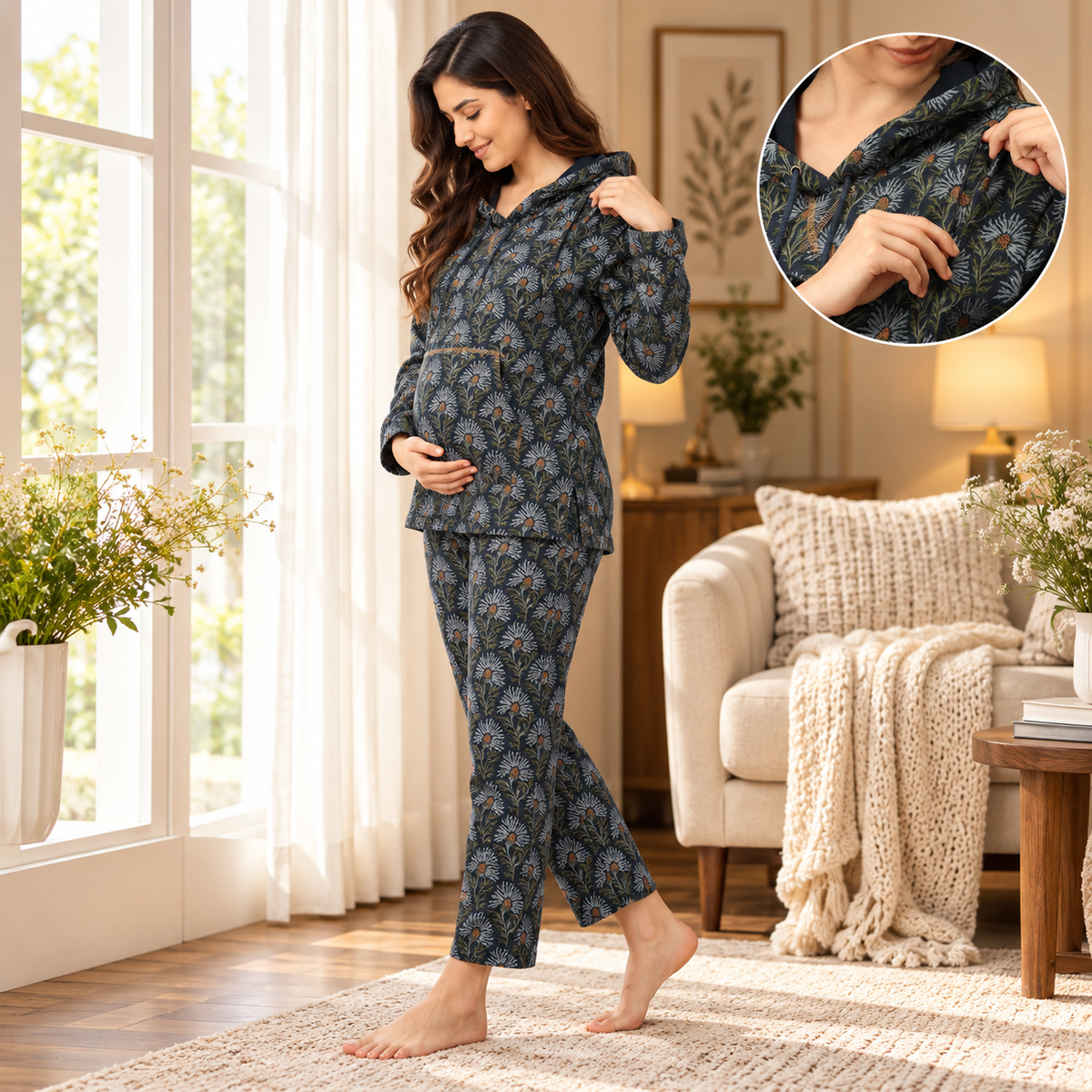 In Bloom & Blue Maternity and Nursing Hoodie Pajama Set Blue