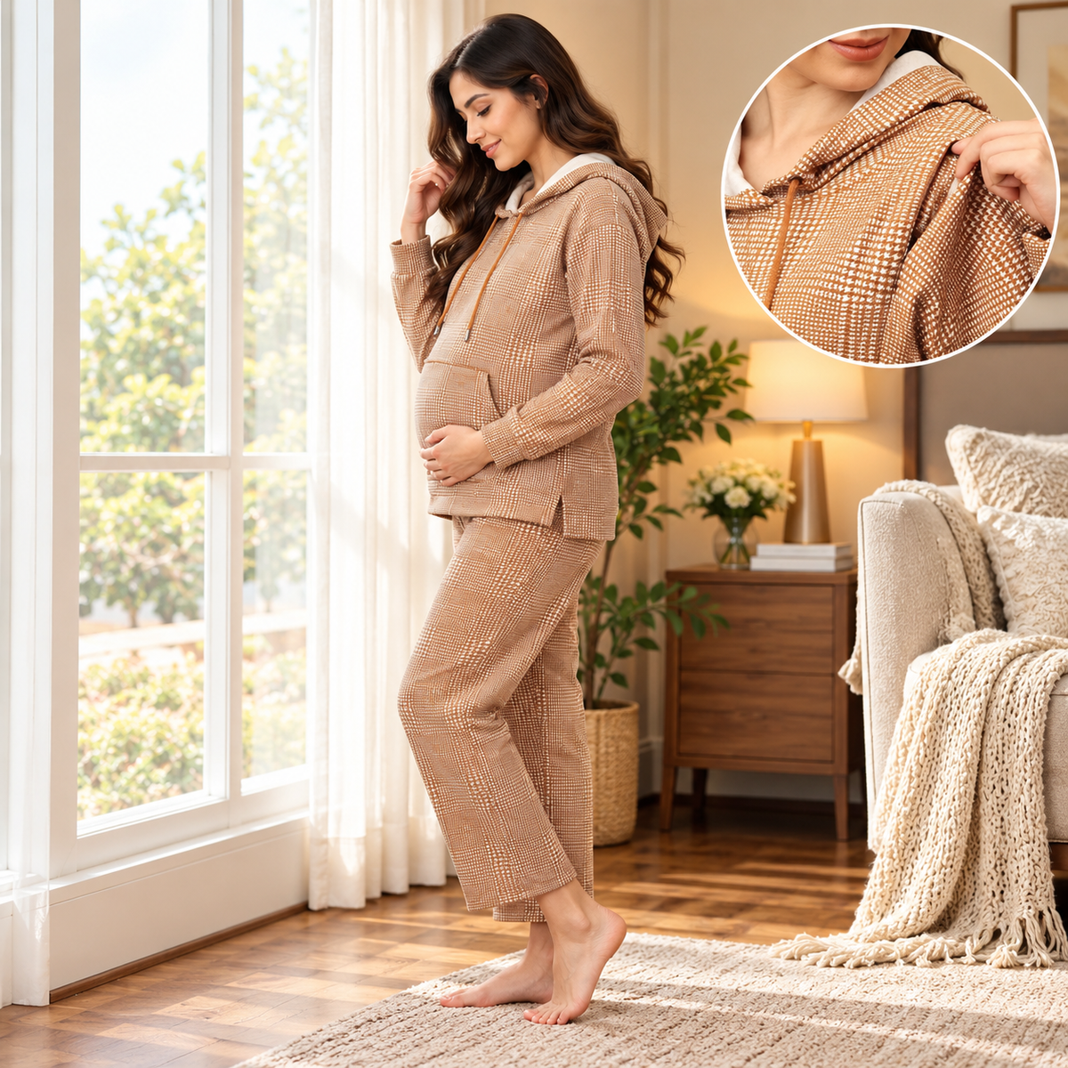 Golden Grid Maternity And Nursing Hoodie Pajama Set Yellow