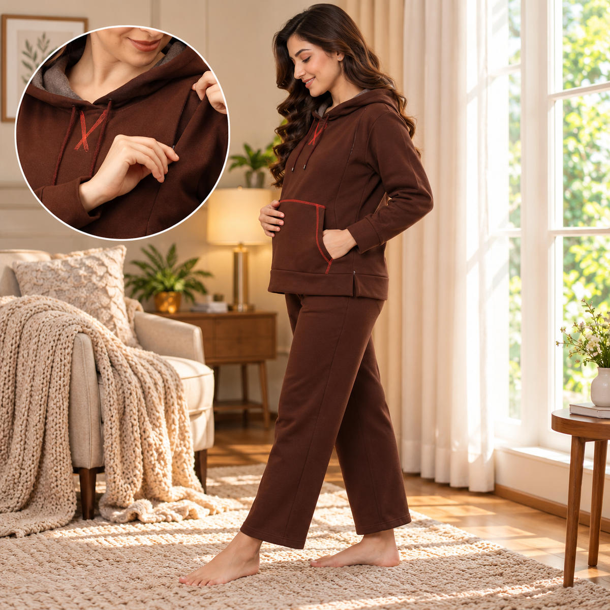 Americano Blaze Maternity and Nursing Hoodie Pajama Set Brown
