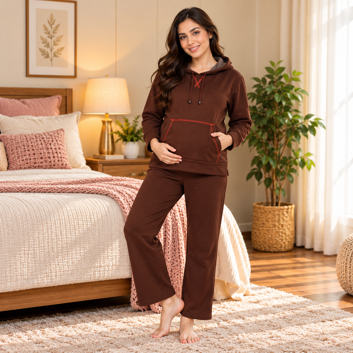 Americano Blaze Maternity and Nursing Hoodie Pajama Set Brown
