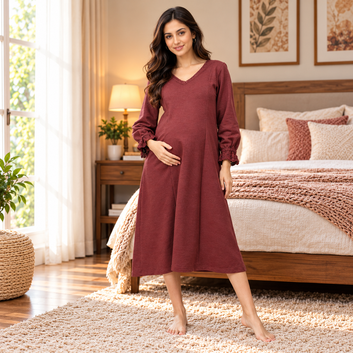 Cozy Claret Maternity and Nursing Winter Dress Maroon