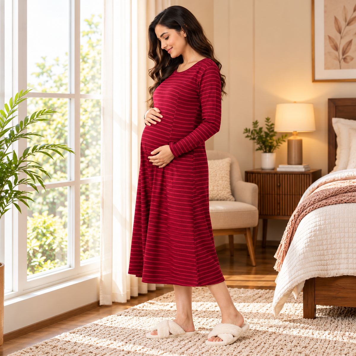 Aurora Berry-alis Ribbed Maternity and Nursing Dress Magenta