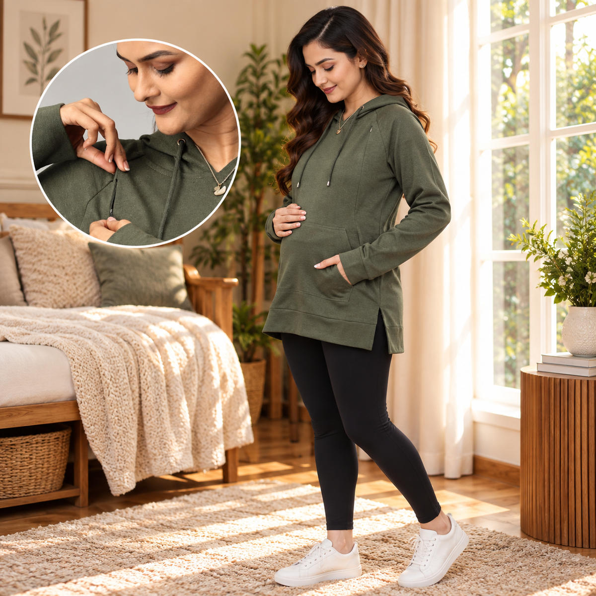 Four Leaf Clover Maternity and Nursing Hoodie Olive