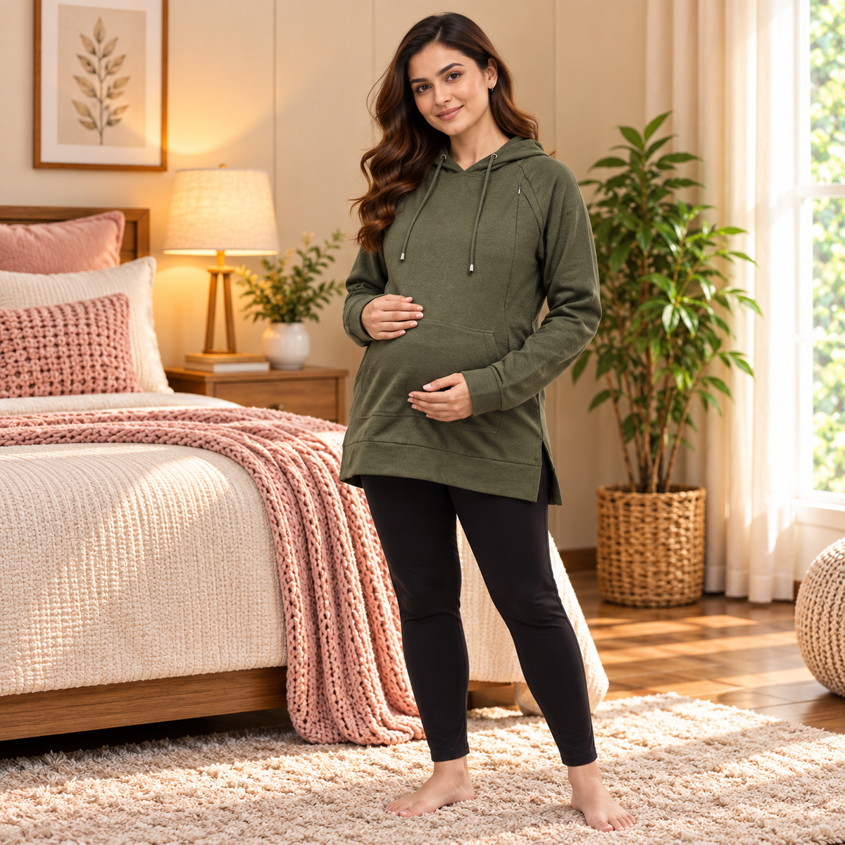 Four Leaf Clover Maternity and Nursing Hoodie Olive