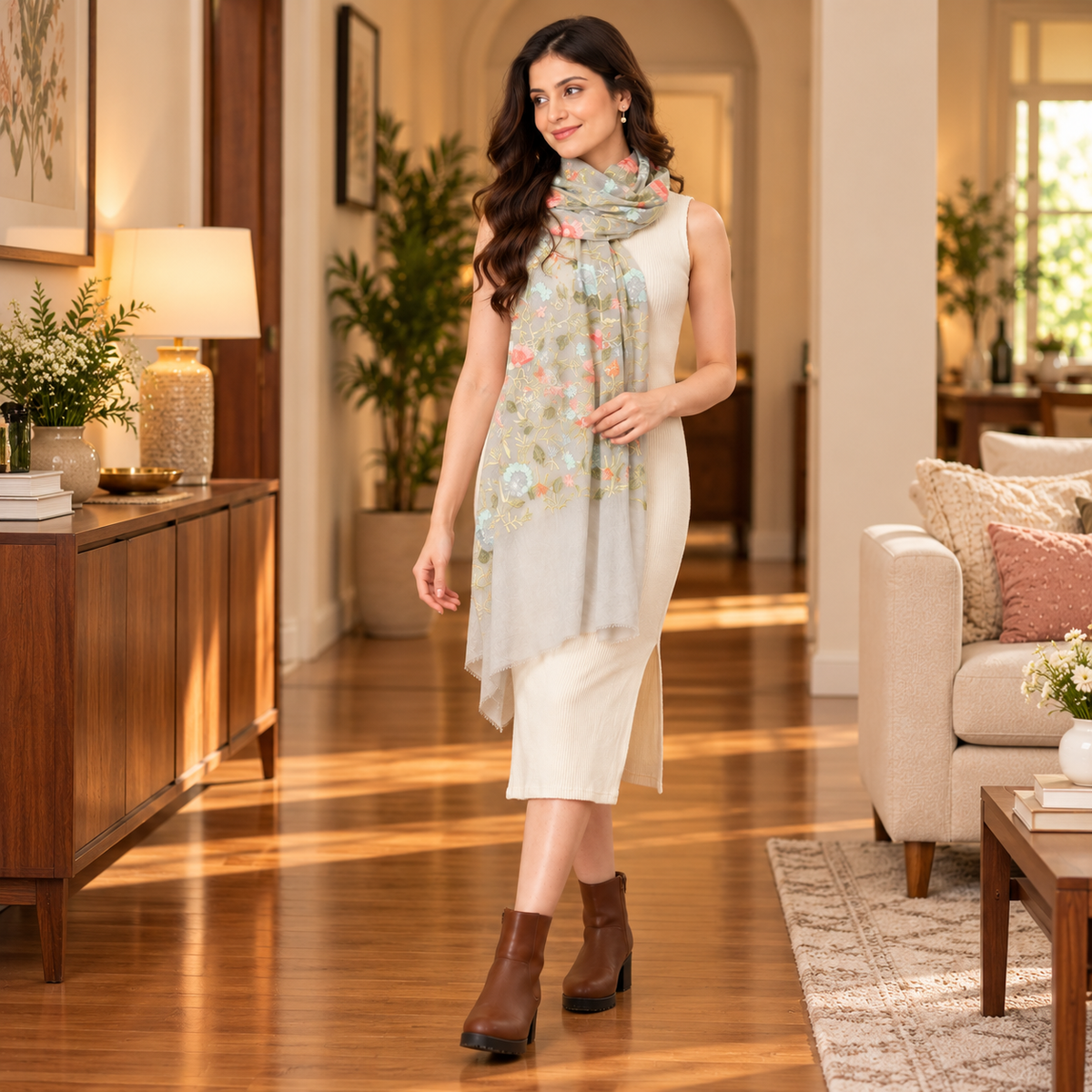 Veil of Blooms Fine Wool Embroidered Stole Grey