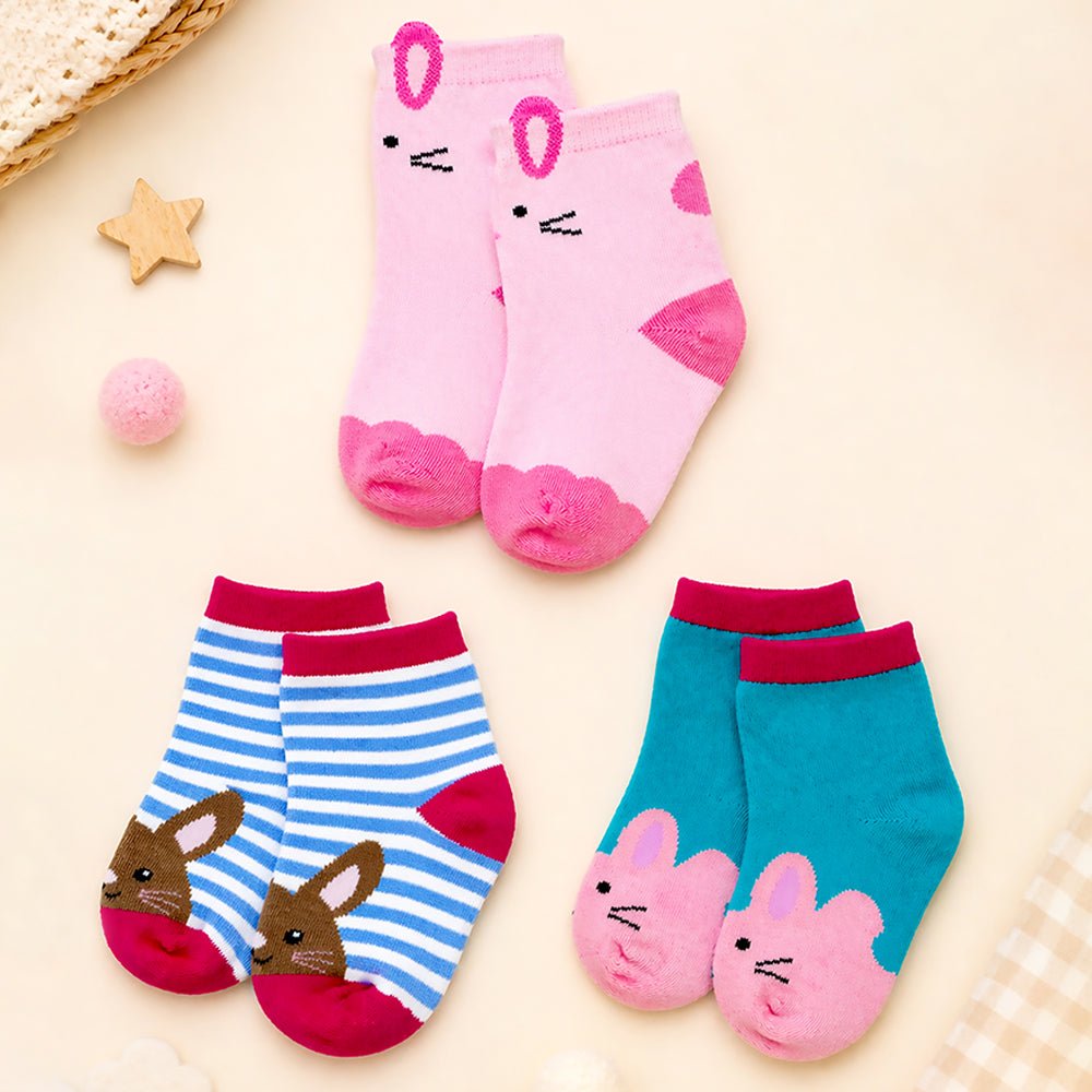 Little Surprise Box Red Border Pink Ears Animal Print Socks Set