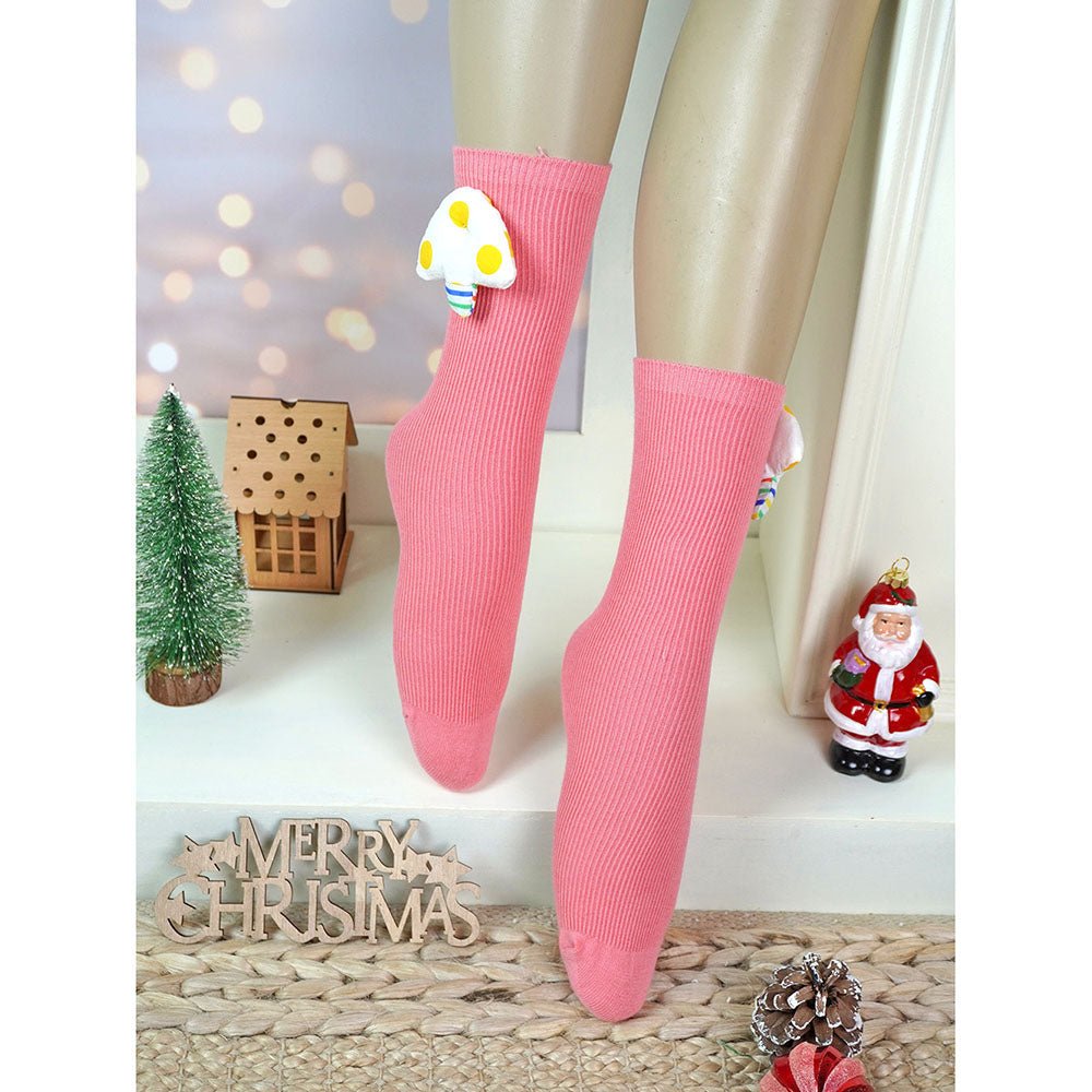 Little Surprise Box Pink Cream Yellow 3D Enchanted Mushrooms Socks Set
