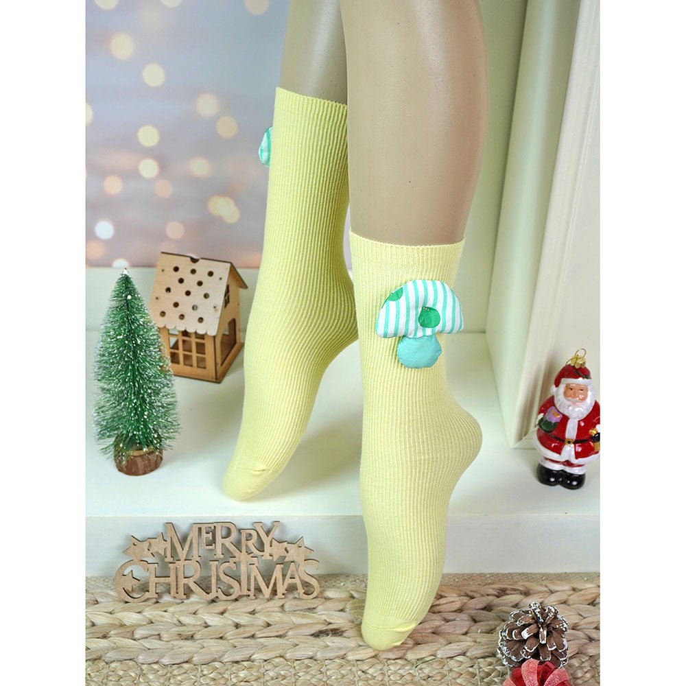Little Surprise Box Pink Cream Yellow 3D Enchanted Mushrooms Socks Set