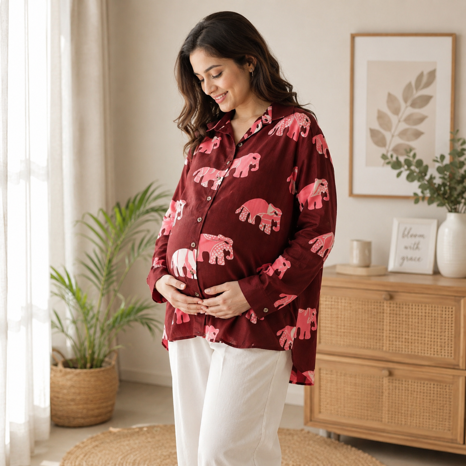 Elephant Print Maternity & Nursing Oversized Shirt – Maroon