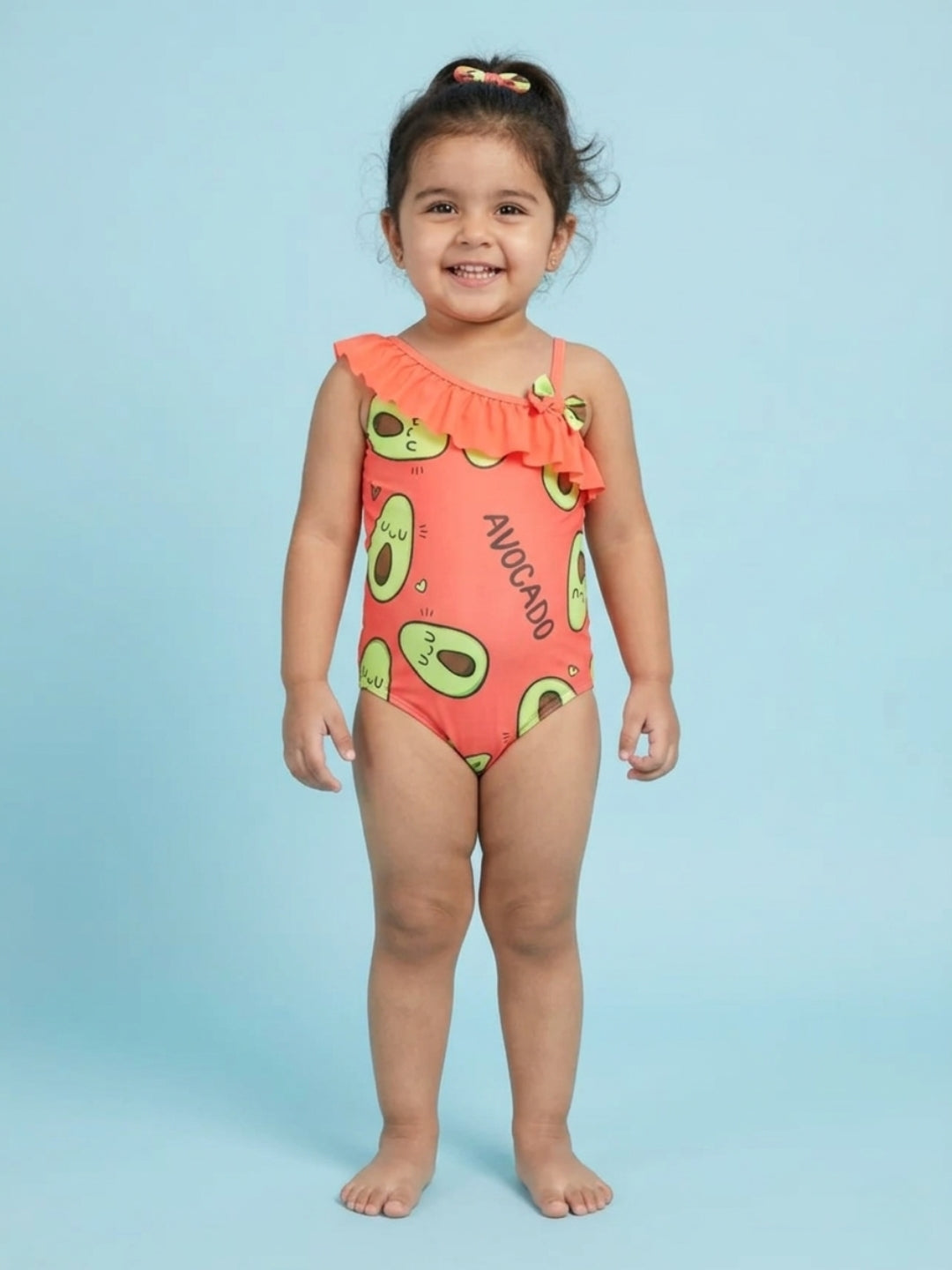 Avo Adventure Avocado Print Girls Ruffle One Shoulder Swimsuit