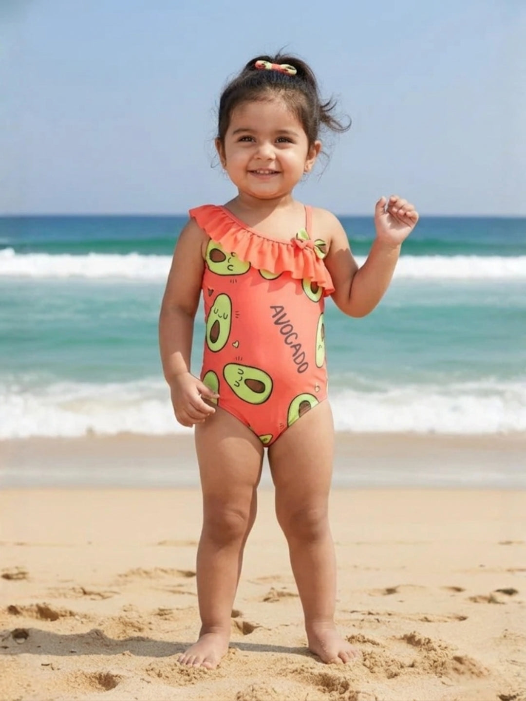 Avo Adventure Avocado Print Girls Ruffle One Shoulder Swimsuit