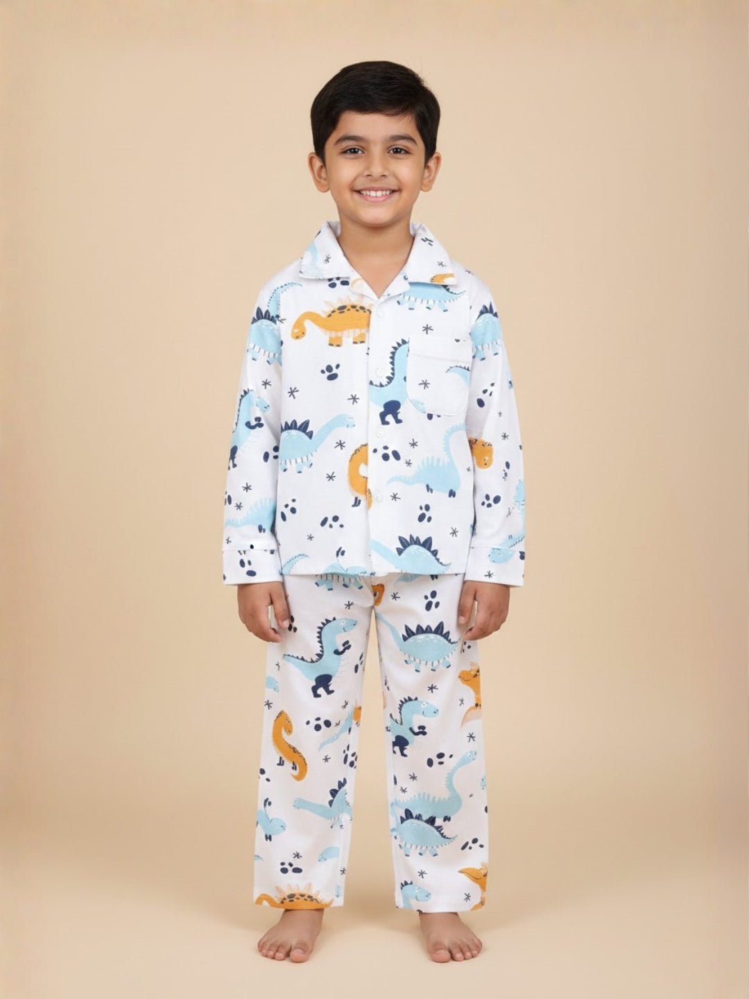  White Dino Trip Cotton Pajama Nightsuit Set