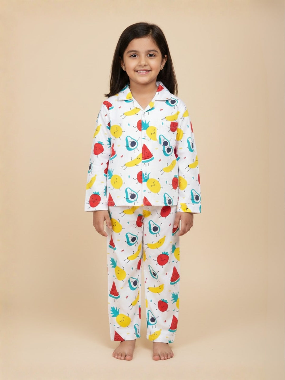 White Fruity Cutie Cotton Pajama Nightsuit Set For Kids