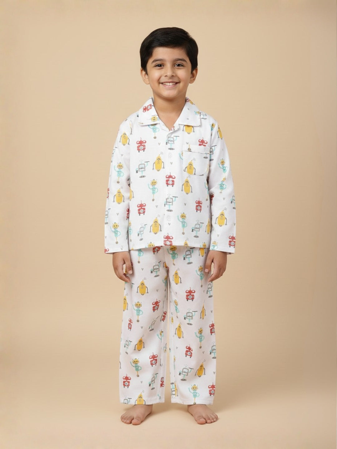 White Robo Club Pajama Nightsuit Set For Kids