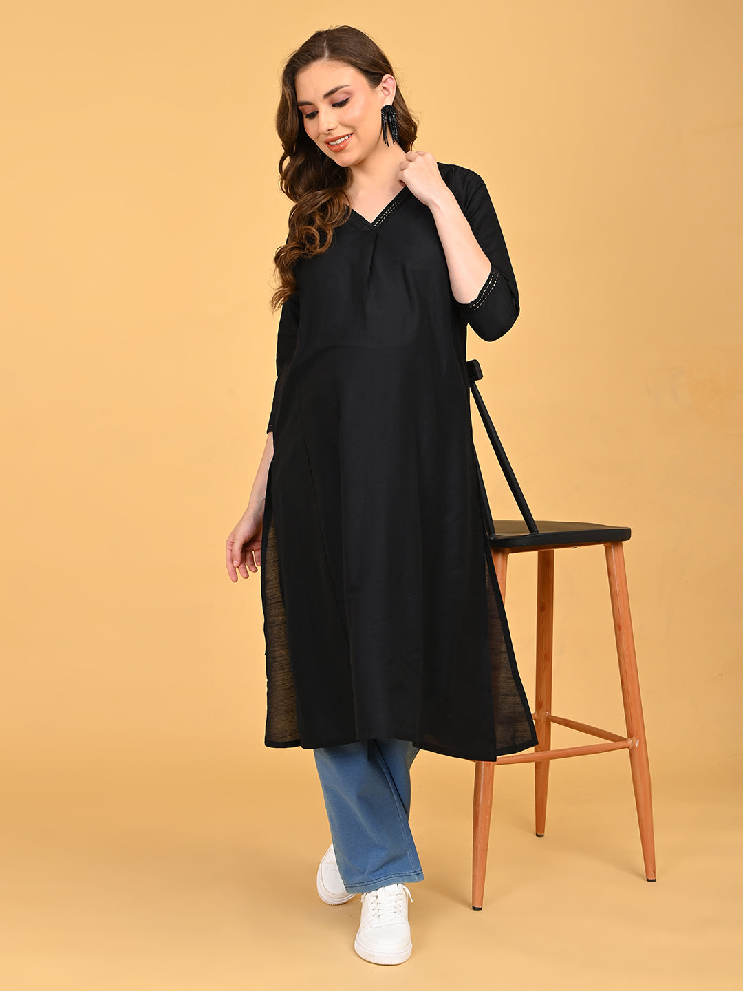 Black Embroidered Maternity and Nursing Silk Kurta Black