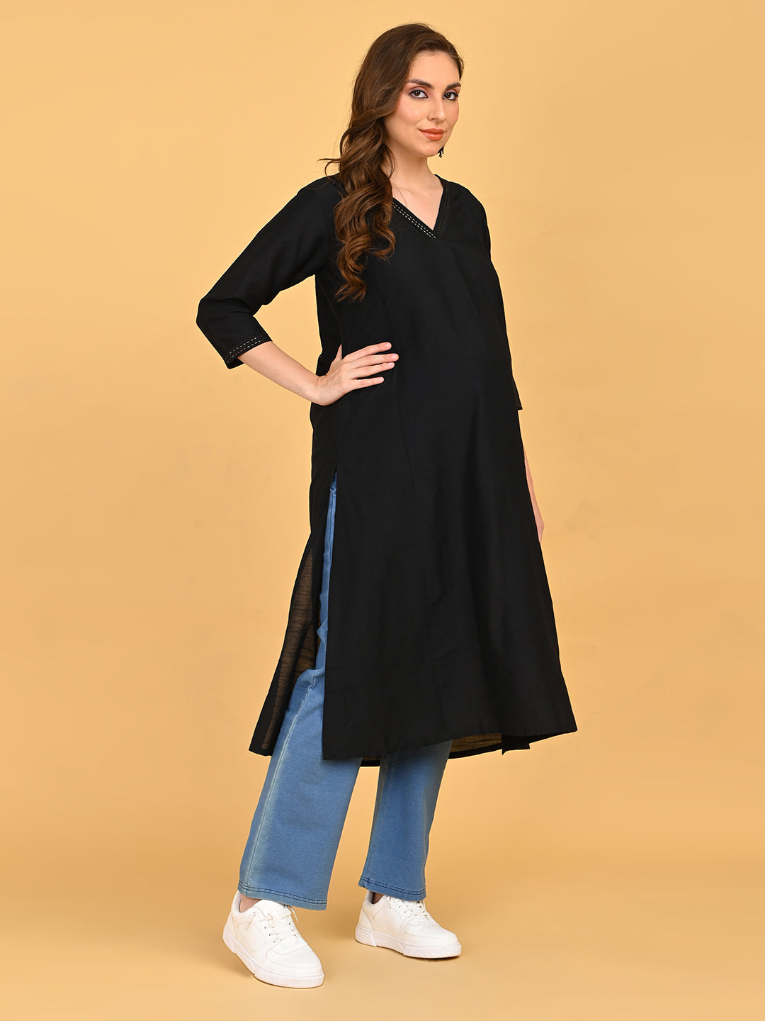  Black Embroidered Maternity and Nursing Silk Kurta Black