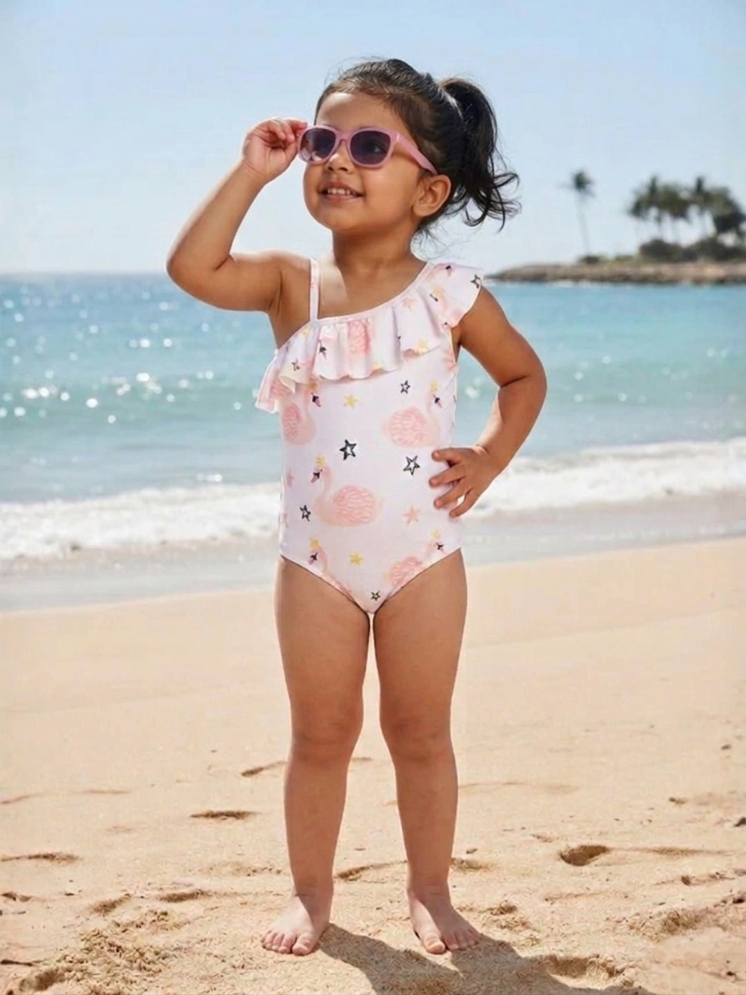 Flamingo Fling Girls Ruffle One Shoulder Swimsuit