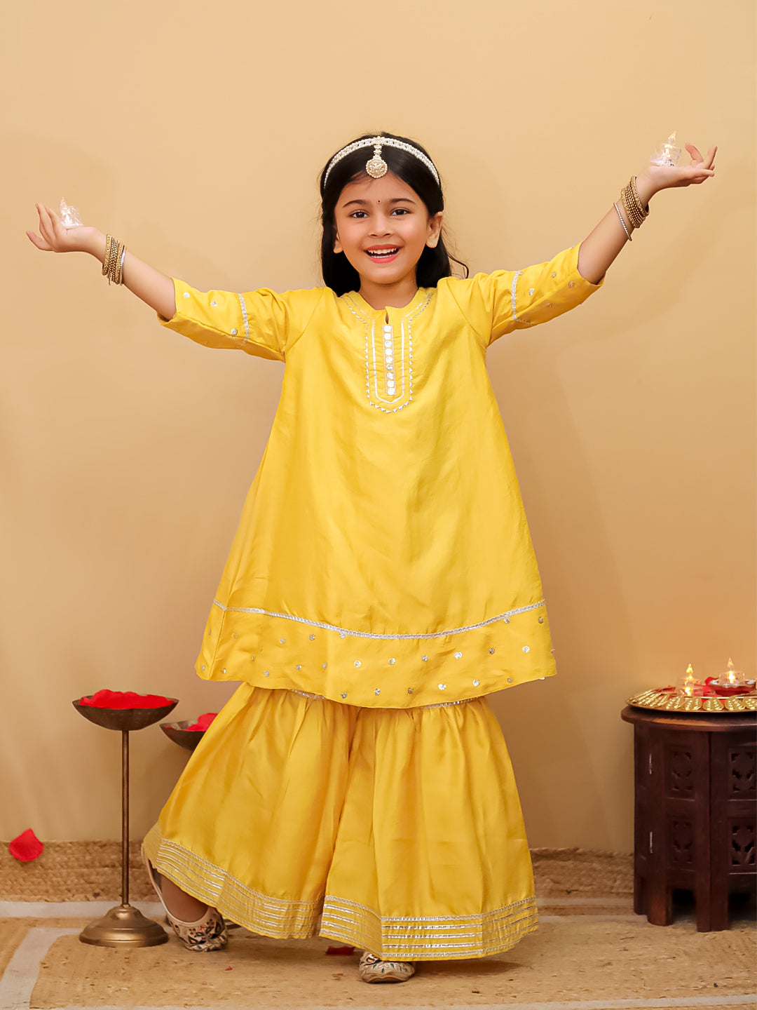 Golden Hour Yellow Girls Anarkali Sharara Set For Kids