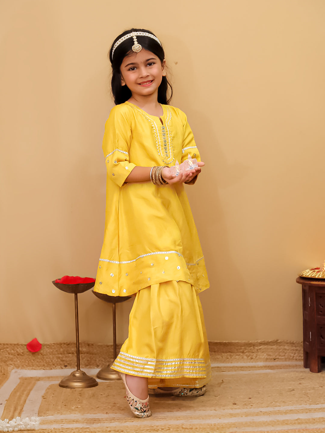 Golden Hour Yellow Girls Anarkali Sharara Set For Kids