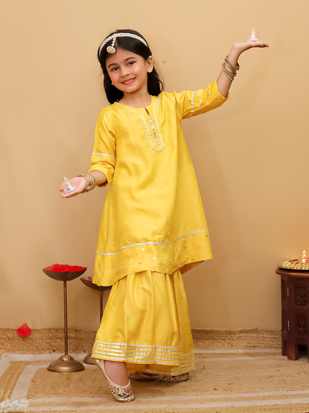 Golden Hour Yellow Girls Anarkali Sharara Set For Kids