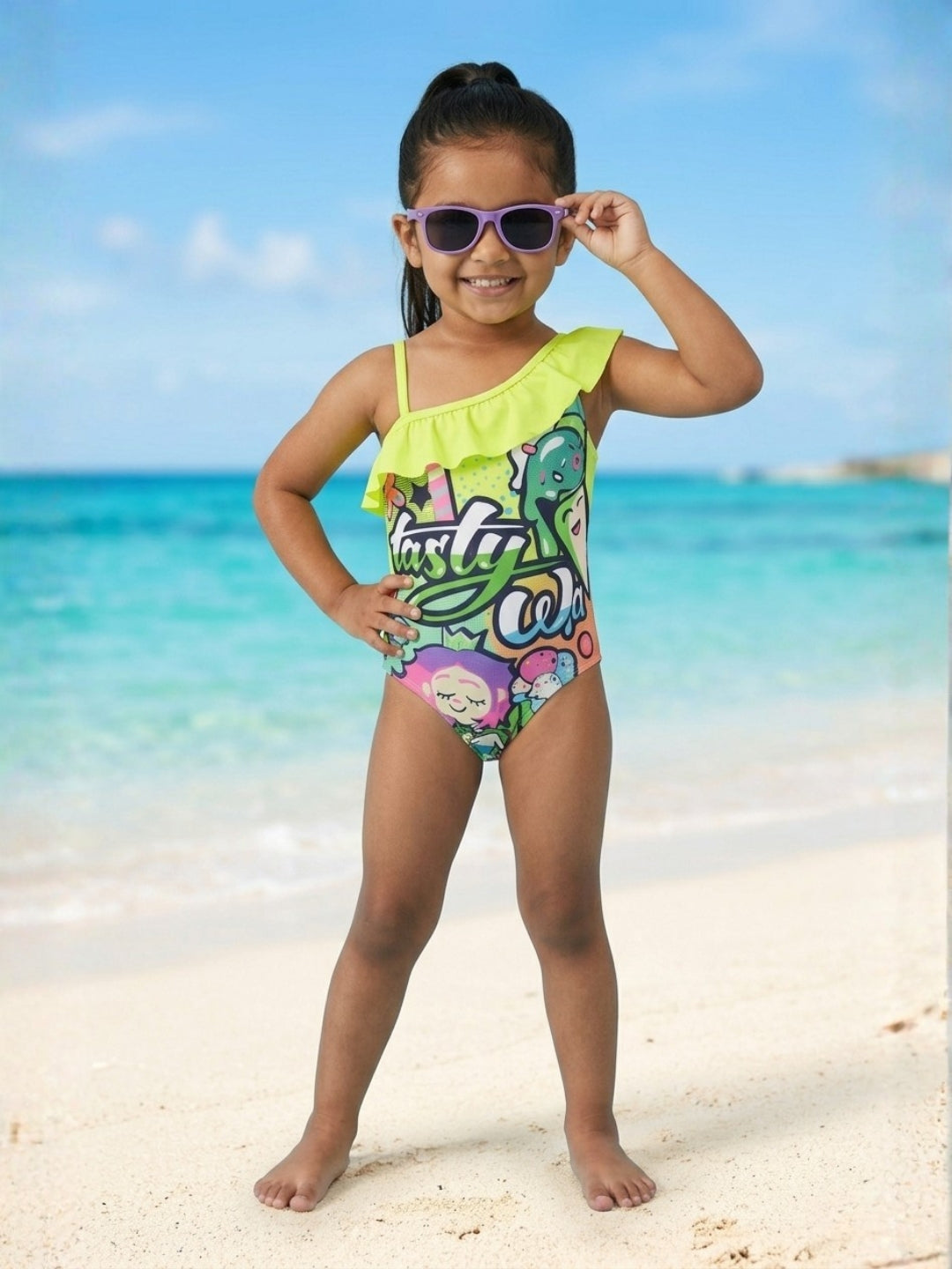 Graffiti Glam Girls Ruffle One Shoulder Swimsuit
