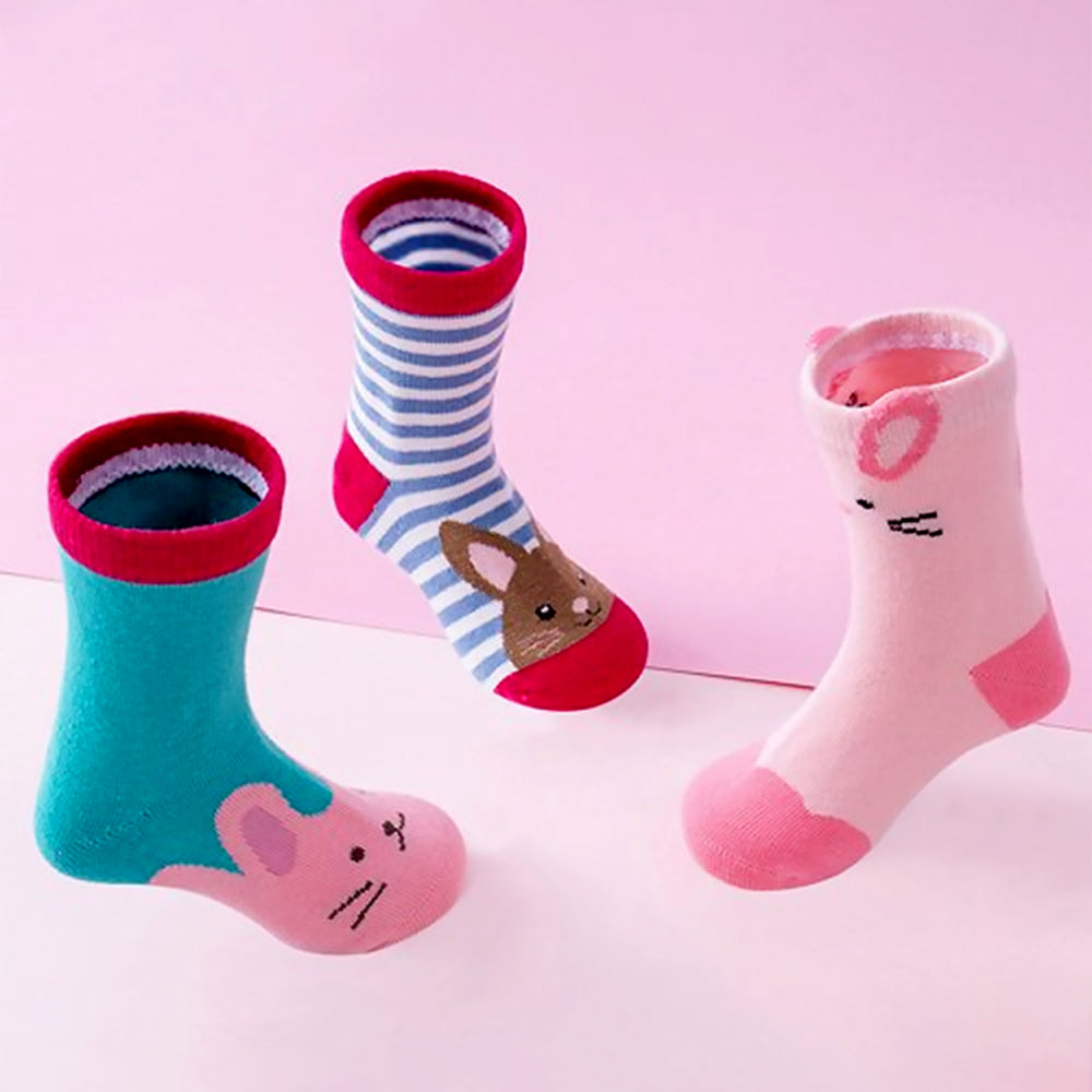 Little Surprise Box Red Border Pink Ears Animal Print Socks Set