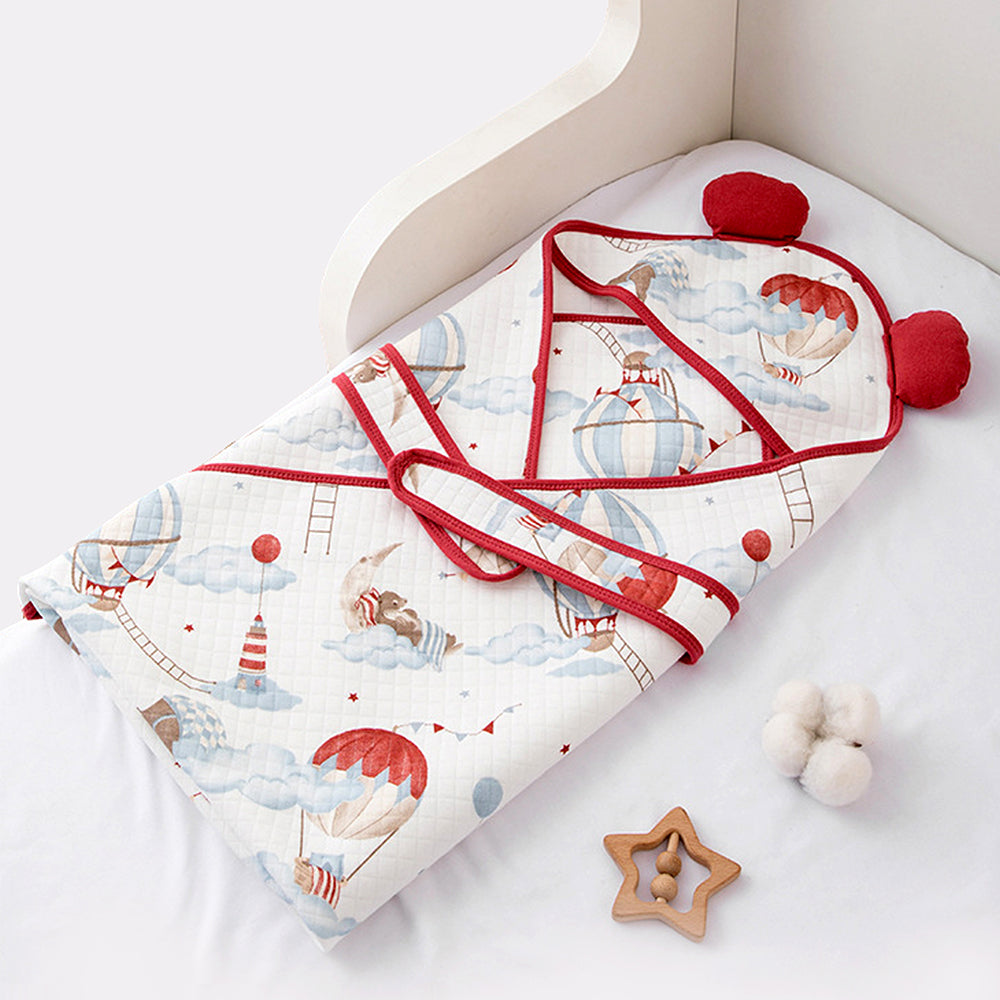 Red Hot Air Balloon 1 PC Kids Cotton Muslin Dohar With Hooded Print