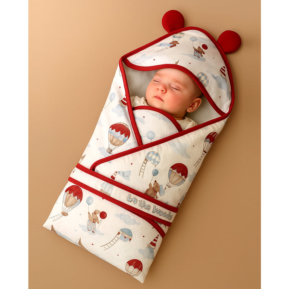 Red Hot Air Balloon 1 PC Kids Cotton Muslin Dohar With Hooded Print