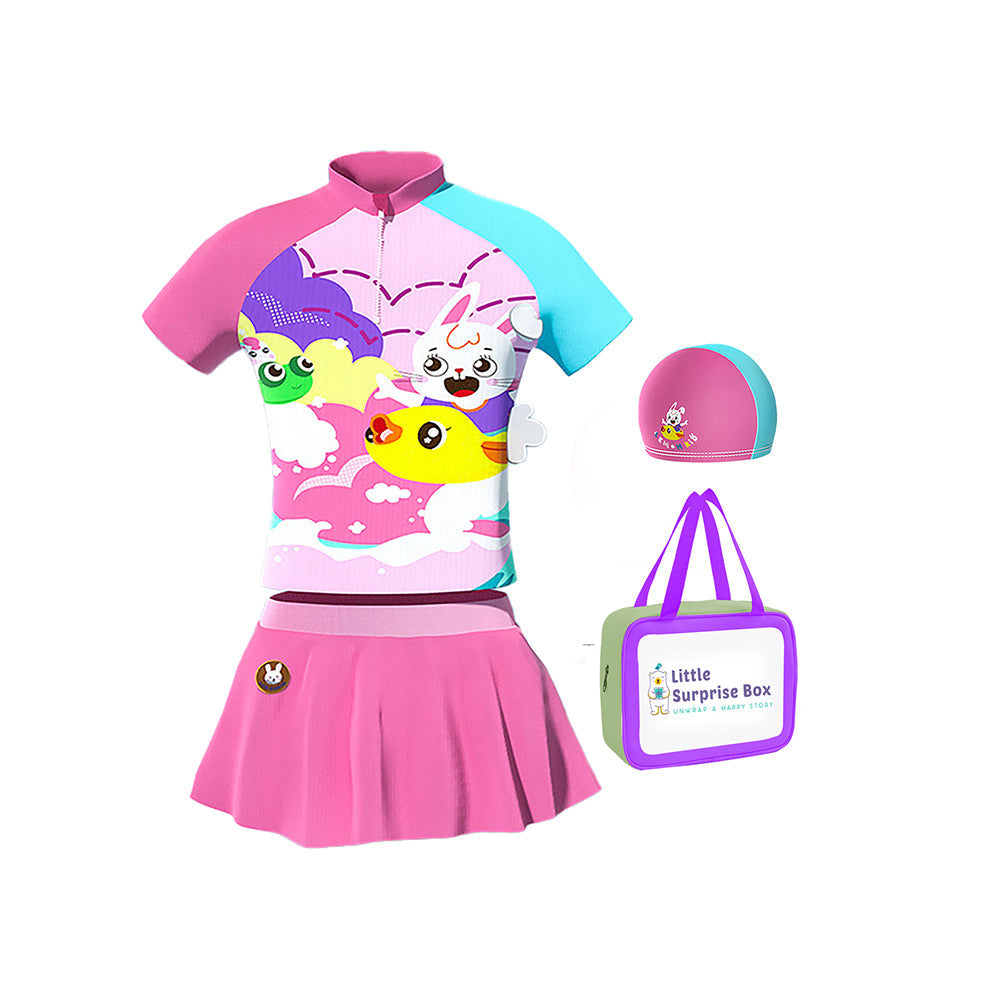 Mint Pink Printed Kids 2-Piece UPF 50+ Swimwear With Free Washbag