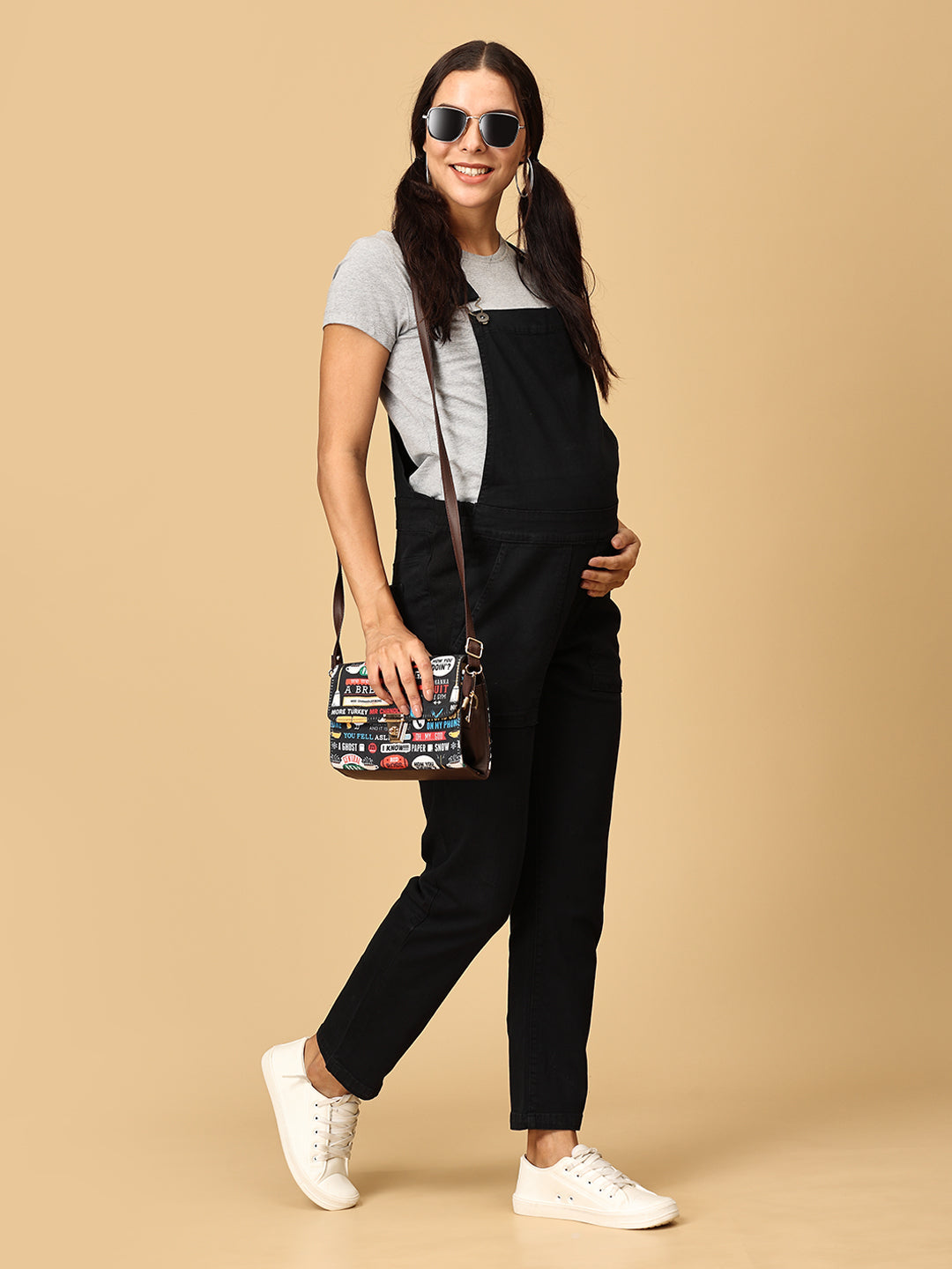  Maternity Denim Dungaree with Elasticated Waist Black