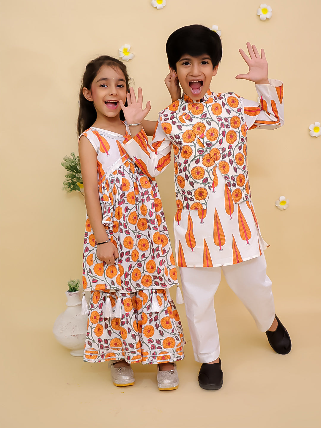 Narangi Girls Anarkali Kurta Sharara And Boys Jacket Kurta Pajama Twinning Combo Of 2