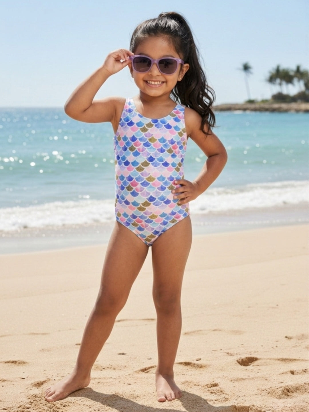 Mermaid Print Sleeveless Girls Swimsuit With Headband