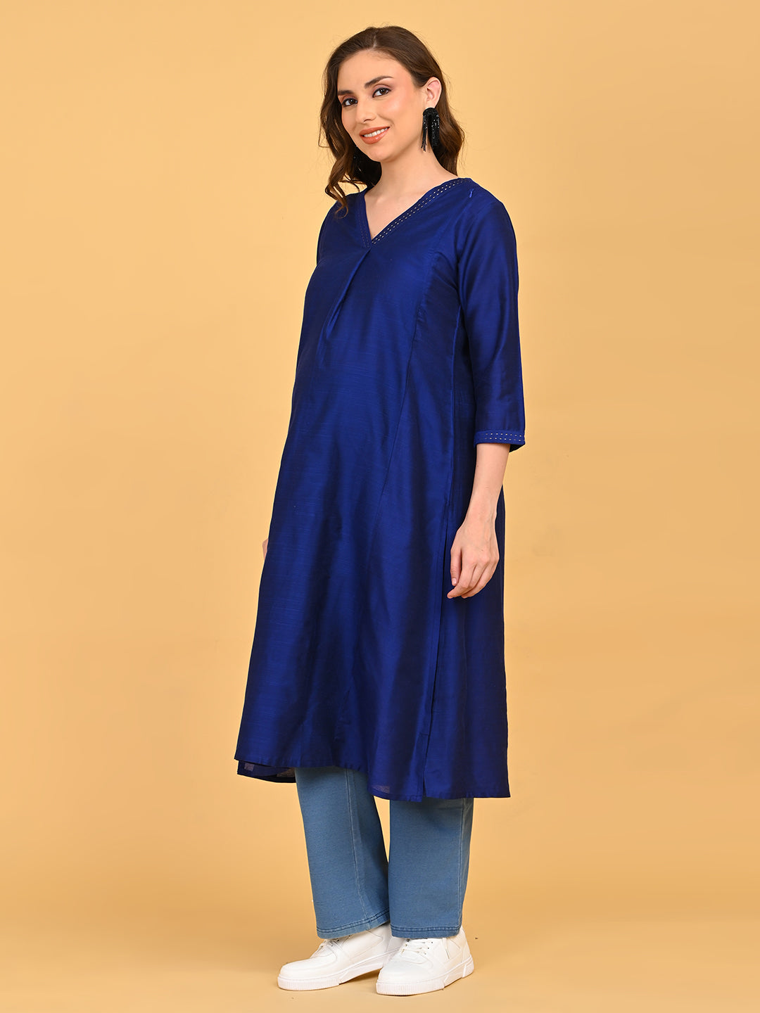  Royal Blue Embroidered Maternity and Nursing Silk Kurta Blue