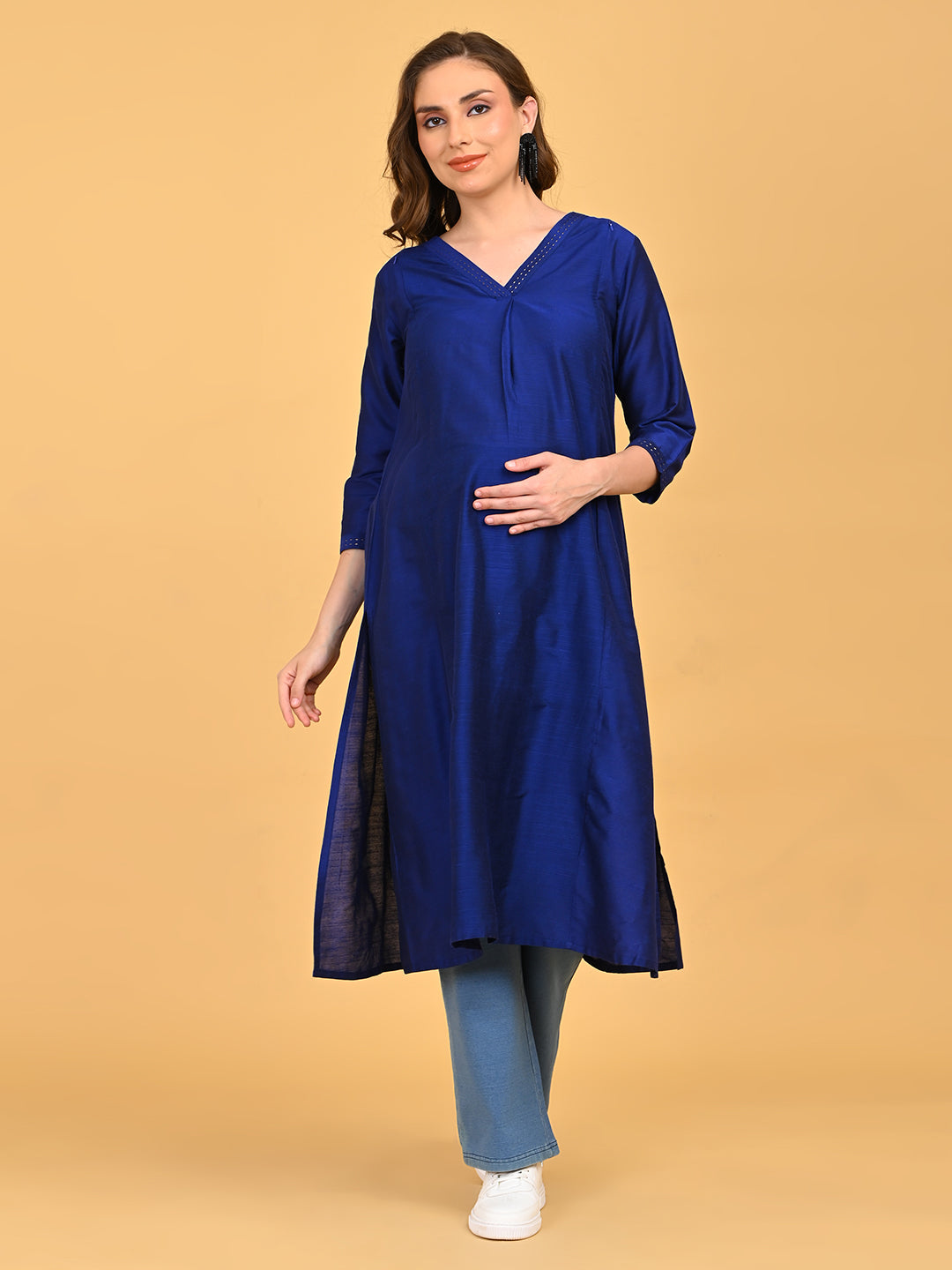  Royal Blue Embroidered Maternity and Nursing Silk Kurta Blue