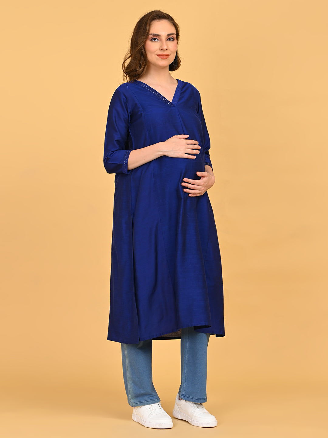  Royal Blue Embroidered Maternity and Nursing Silk Kurta Blue