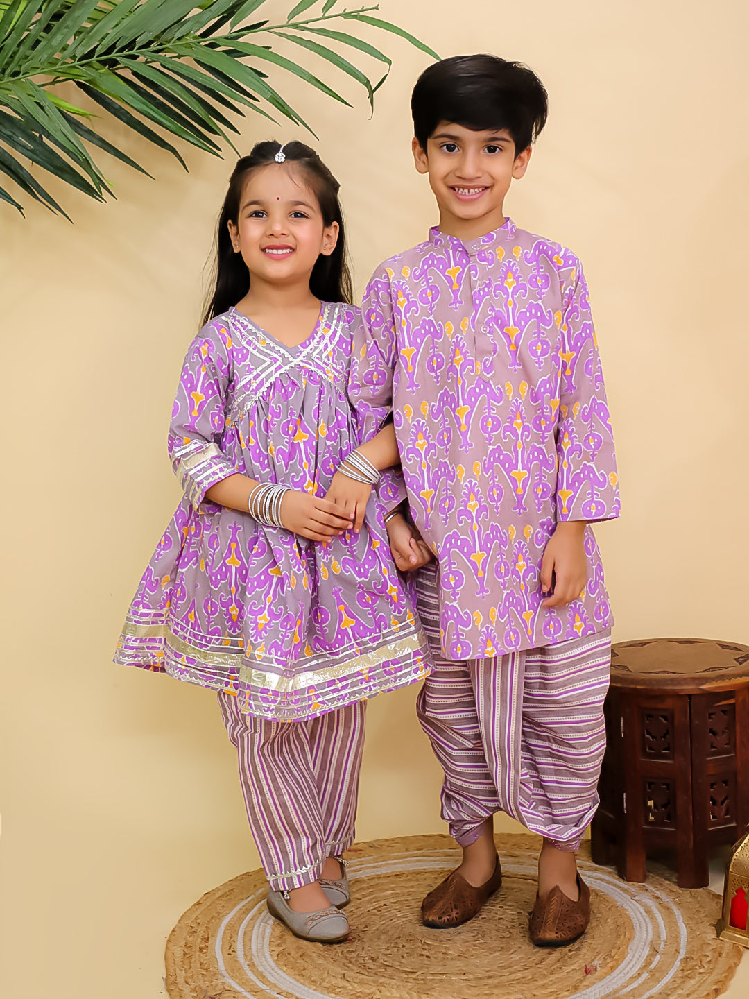 Sage Violet Girls Anarkali Kurta And Boys Dhoti Kurta Twinning Combo Of 2